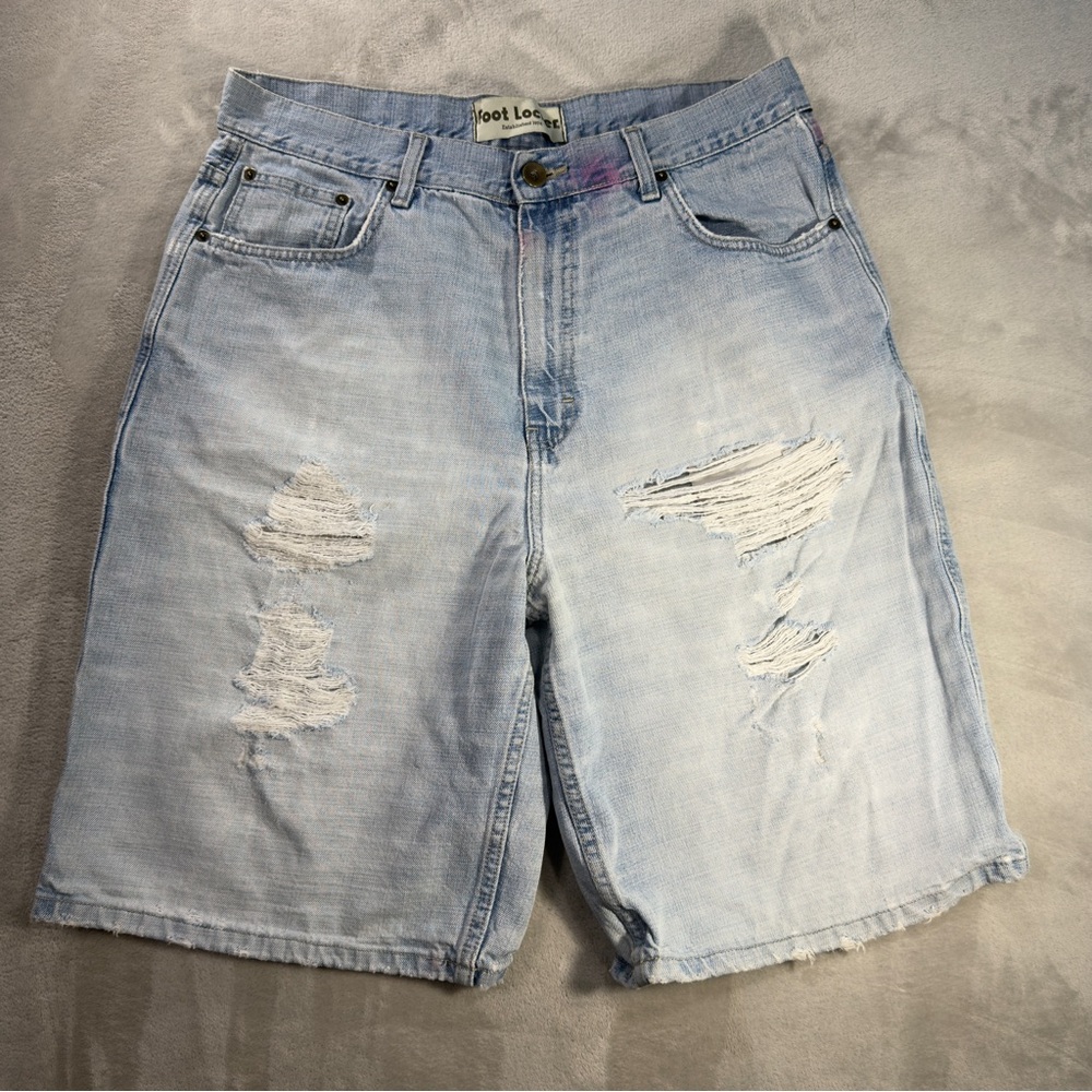 Vintage Foot Locker Distressed Baggy Denim Shorts Jorts Men Sz 36 Hip Hop Skate